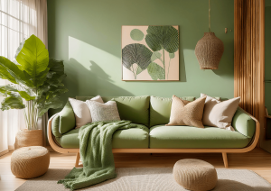 Salón vibrante con sofá verde, cojines en tonos neutros, manta verde y planta grande. La pared de fondo en color verde suave y el cuadro con hojas naturales complementan el estilo fresco y natural del espacio